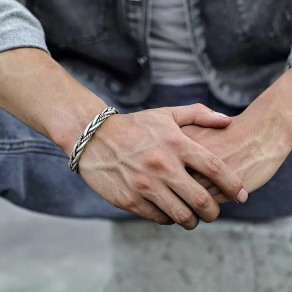MEN’S Solid Braided Adjustable 925 Sterling Silver Cuff Bracelet - Picture 2 of 14